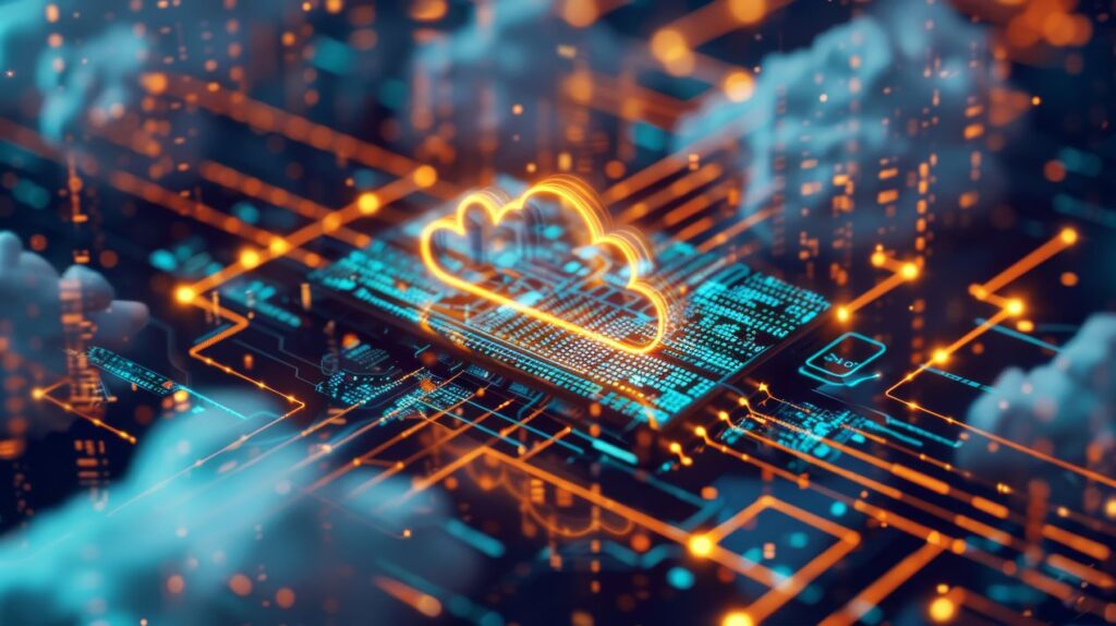 Digitale Cloud und leuchtende Datenverbindungen – stehen für flexible IT-Infrastrukturen und den Einsatz von Keycloak Hosting zur sicheren Verwaltung digitaler Zugänge.