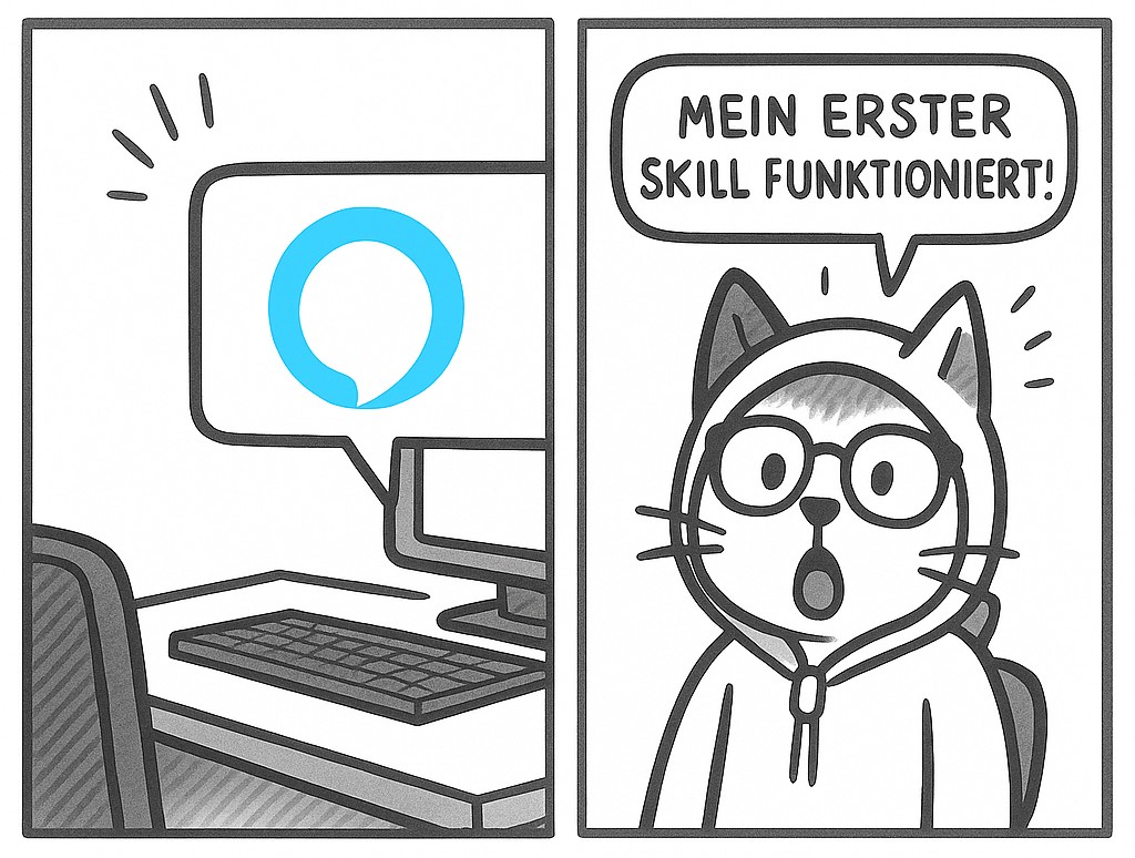 Cartoon-Katze mit Hoodie ruft begeistert „Mein erster Skill funktioniert!“ vor einem Bildschirm mit Alexa-Logo – Symbol für Lernerfolg mit Sprach-KI