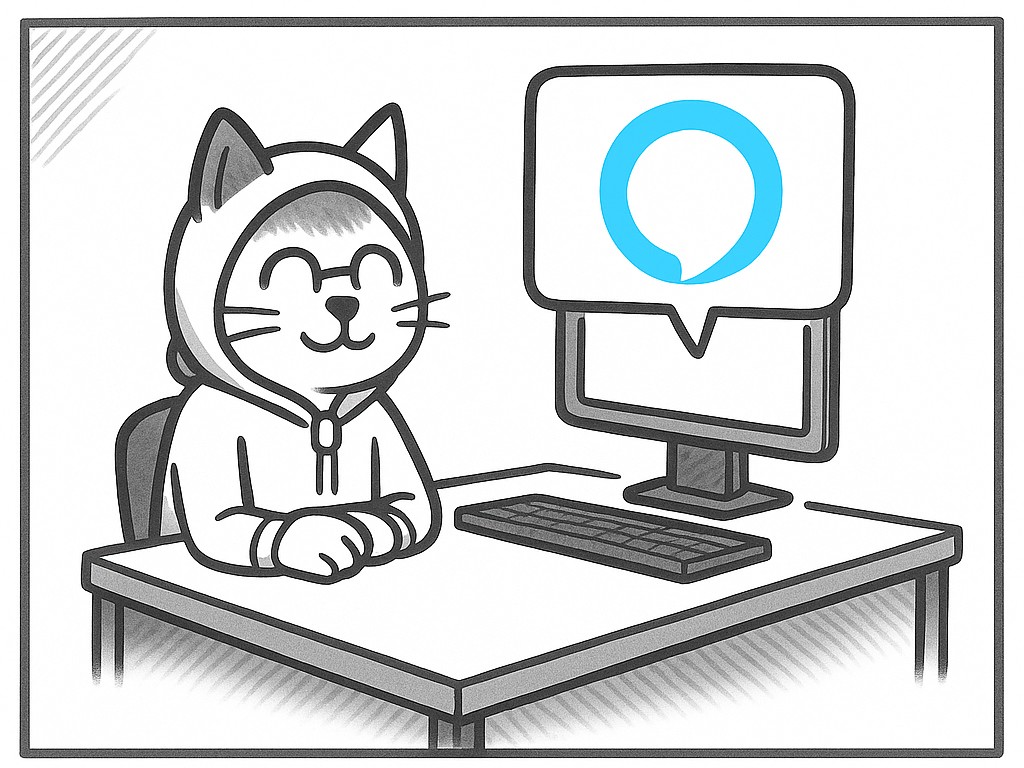 Cartoon-Katze im Hoodie sitzt zufrieden vor einem Computer mit Alexa-Logo auf dem Bildschirm – Symbolbild für gelungene Skill-Erstellung