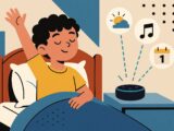 Kind wacht auf, während ein Alexa-Lautsprecher automatisch Wetter, Musik und Tagesplan ausgibt