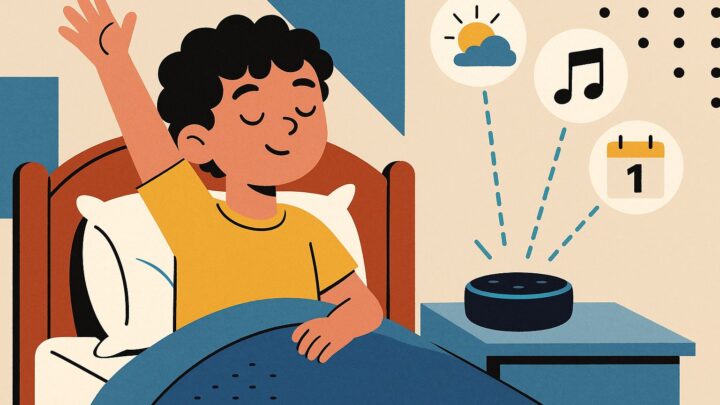 Kind wacht auf, während ein Alexa-Lautsprecher automatisch Wetter, Musik und Tagesplan ausgibt
