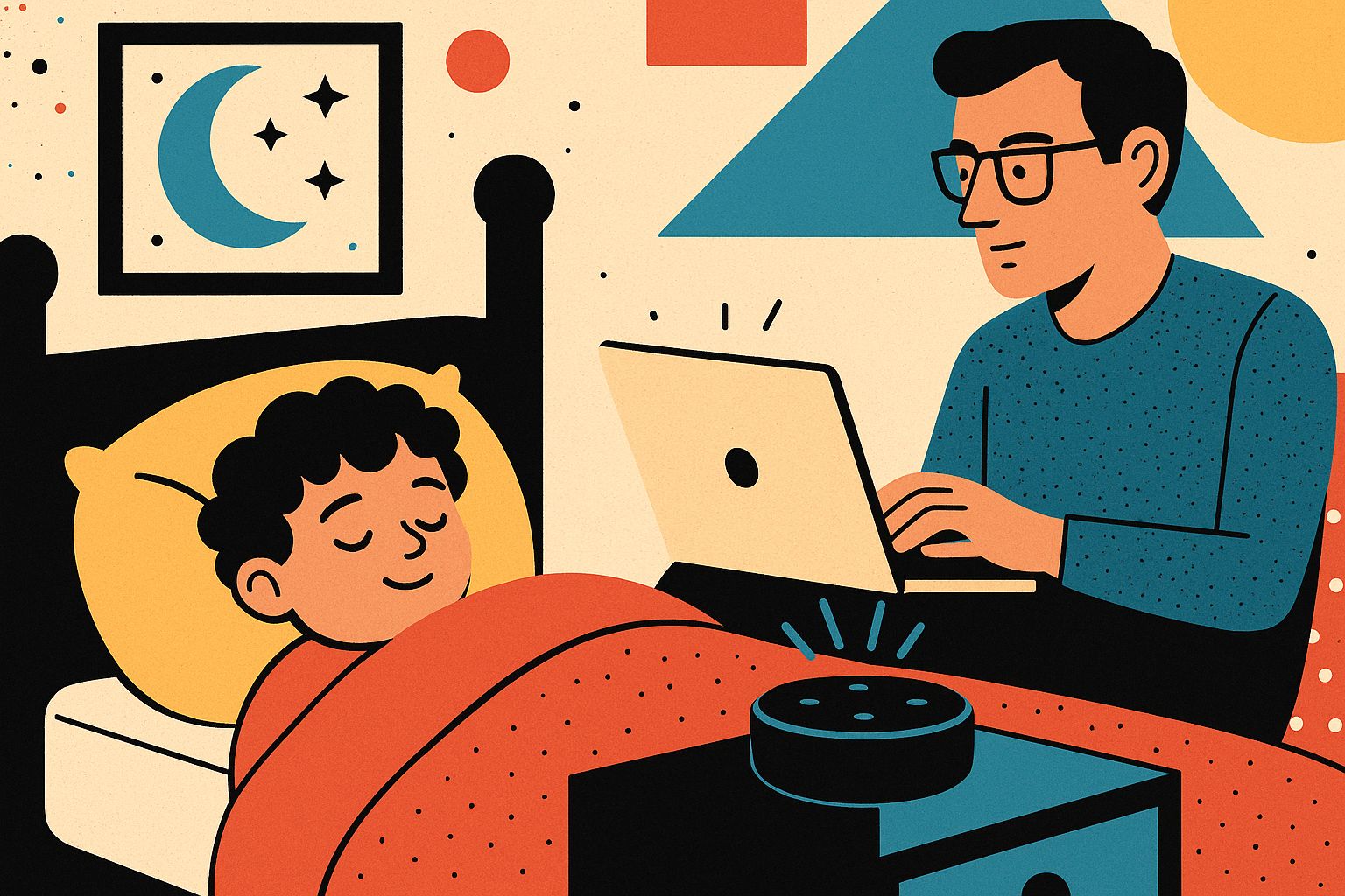 Vater programmiert am Laptop einen Alexa Skill, während sein Kind im Bett schläft – smarte Abendroutine mit Sprachassistent