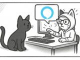 Cartoon-Katze mit Kapuzenpulli programmiert Alexa Skill am Computer, während eine schwarze Katze zuschaut – Symbolbild für kreative KI-Nutzung