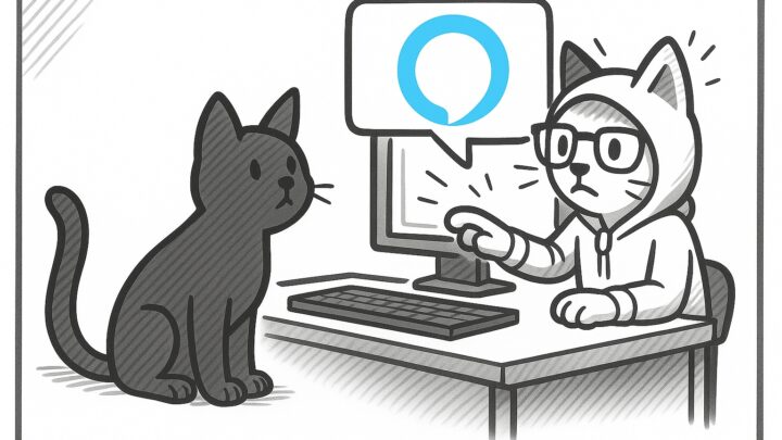 Cartoon-Katze mit Kapuzenpulli programmiert Alexa Skill am Computer, während eine schwarze Katze zuschaut – Symbolbild für kreative KI-Nutzung