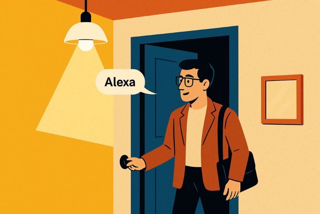 Person betritt die Wohnung und sagt „Alexa“, um per Sprachbefehl eine Routine wie Lichtsteuerung zu aktivieren