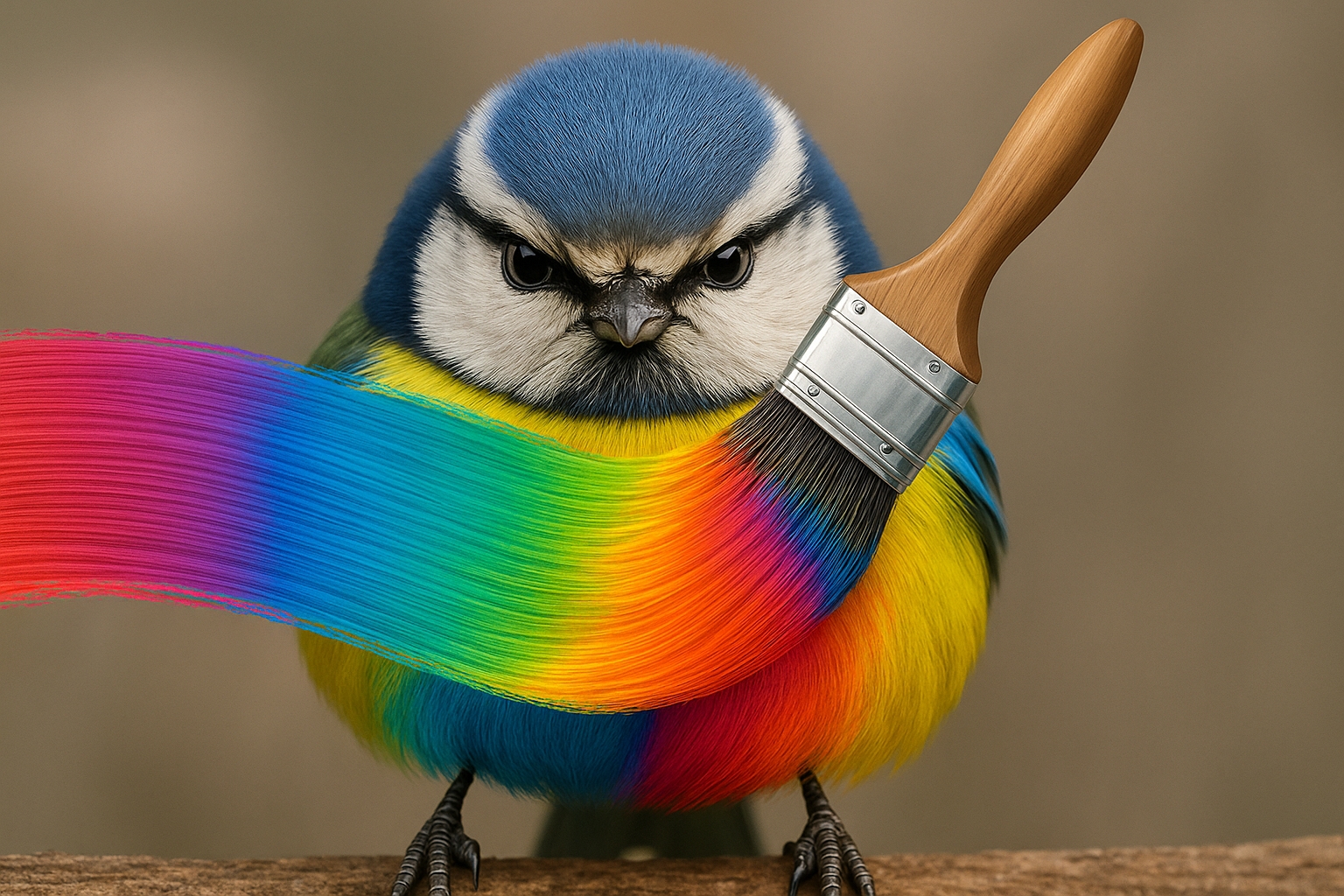 Ein bunter Vogel mit ernstem Blick wird von einem realistischen Pinsel übermalt, der einen kräftigen Regenbogenfarbverlauf auf sein Gefieder aufträgt – Symbolbild für KI-gestützte Bildbearbeitung