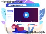 Illustration einer Frau mit Laptop vor einem NotebookLM-Fenster, das Audio- und Videoinhalte anzeigt, mit stilisierten Schallwellen als Symbol fuer KI-generierte Podcasts