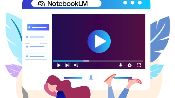 Illustration einer Frau mit Laptop vor einem NotebookLM-Fenster, das Audio- und Videoinhalte anzeigt, mit stilisierten Schallwellen als Symbol fuer KI-generierte Podcasts