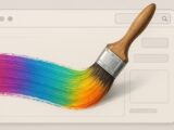 Ein realistischer Holzpinsel zieht einen bunten Farbverlauf über eine stilisierte Benutzeroberfläche – Symbol für kreative Bildbearbeitung mit ChatGPT