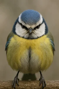 Ein kleiner Vogel mit blaugelbem Gefieder sitzt auf einem Ast und blickt direkt in die Kamera – sein ernster Gesichtsausdruck wirkt ungewöhnlich entschlossen