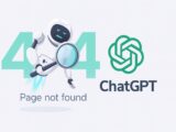 Illustration eines Roboters mit Lupe vor der Zahl 404 und dem ChatGPT-Logo, darunter der Text ‚Page not found‘ – Hinweis auf eine nicht erreichbare Seite bei ChatGPT
