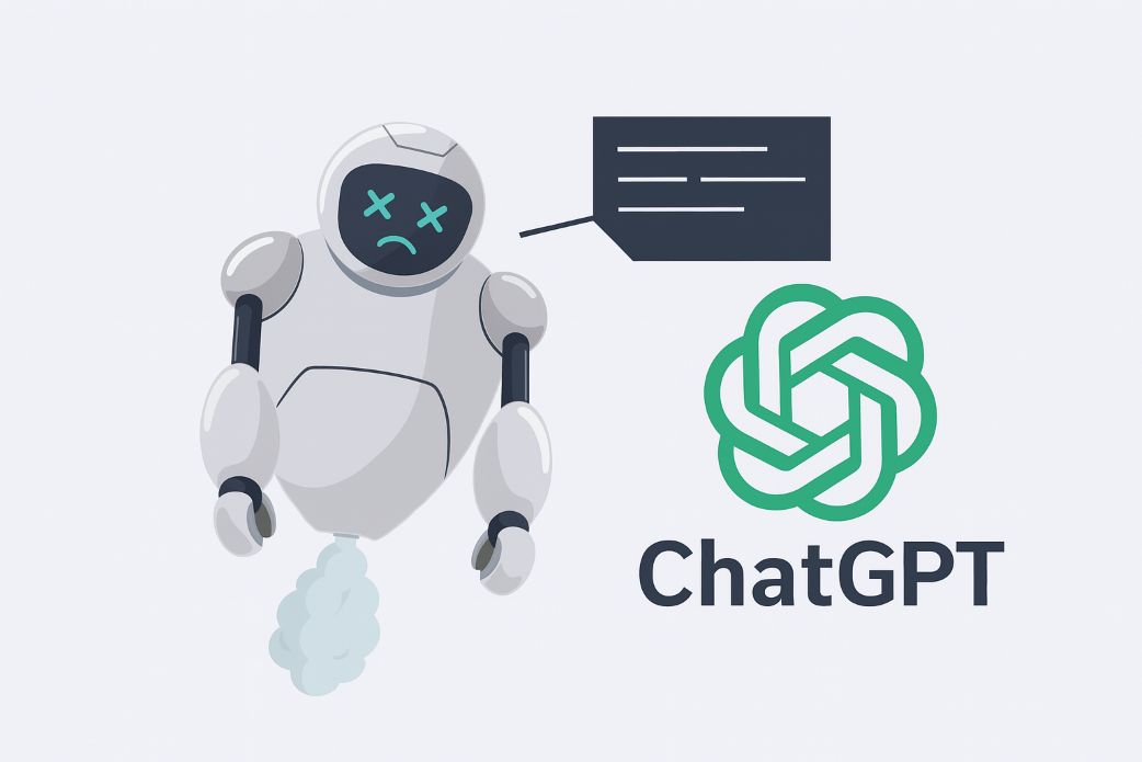 Ein trauriger Roboter mit X-Augen und Rauch aus dem Jetpack, daneben das ChatGPT-Logo und eine leere Sprechblase – Symbolbild für einen nicht funktionierenden ChatGPT-Dienst.