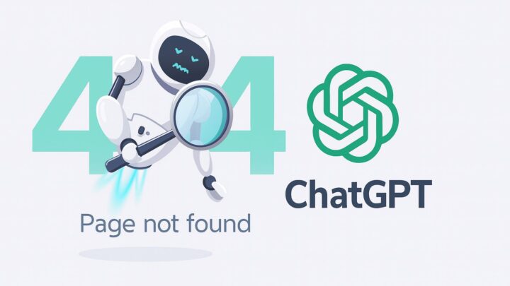 Illustration eines Roboters mit Lupe vor der Zahl 404 und dem ChatGPT-Logo, darunter der Text ‚Page not found‘ – Hinweis auf eine nicht erreichbare Seite bei ChatGPT