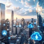 Skyline einer modernen Grossstadt mit digitalen Netzwerksymbolen und Cloud-Icons, Darstellung von Technologie und vernetzten Geschaeften